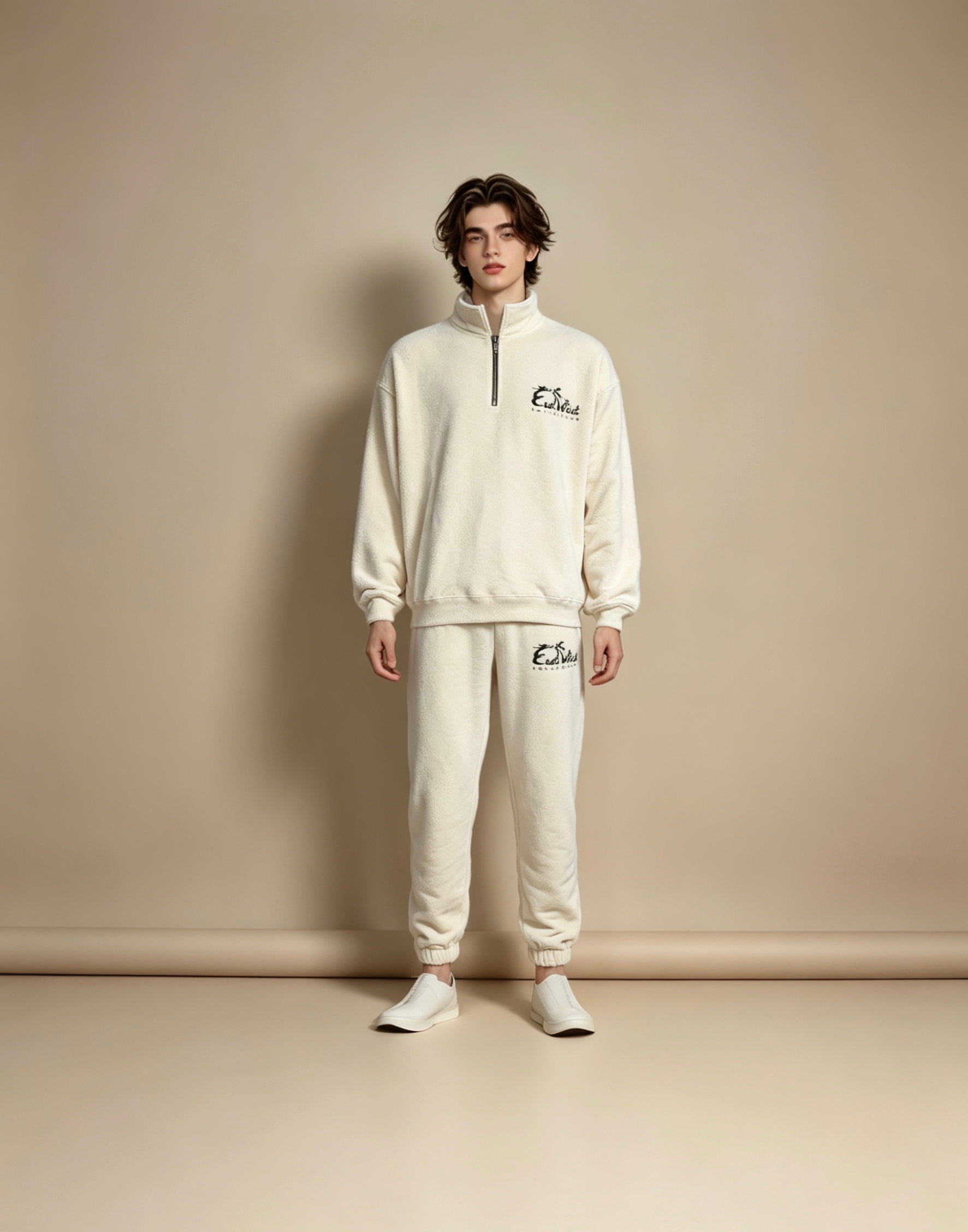 East West Collective premium French terry Cream quarter-zip sweater
