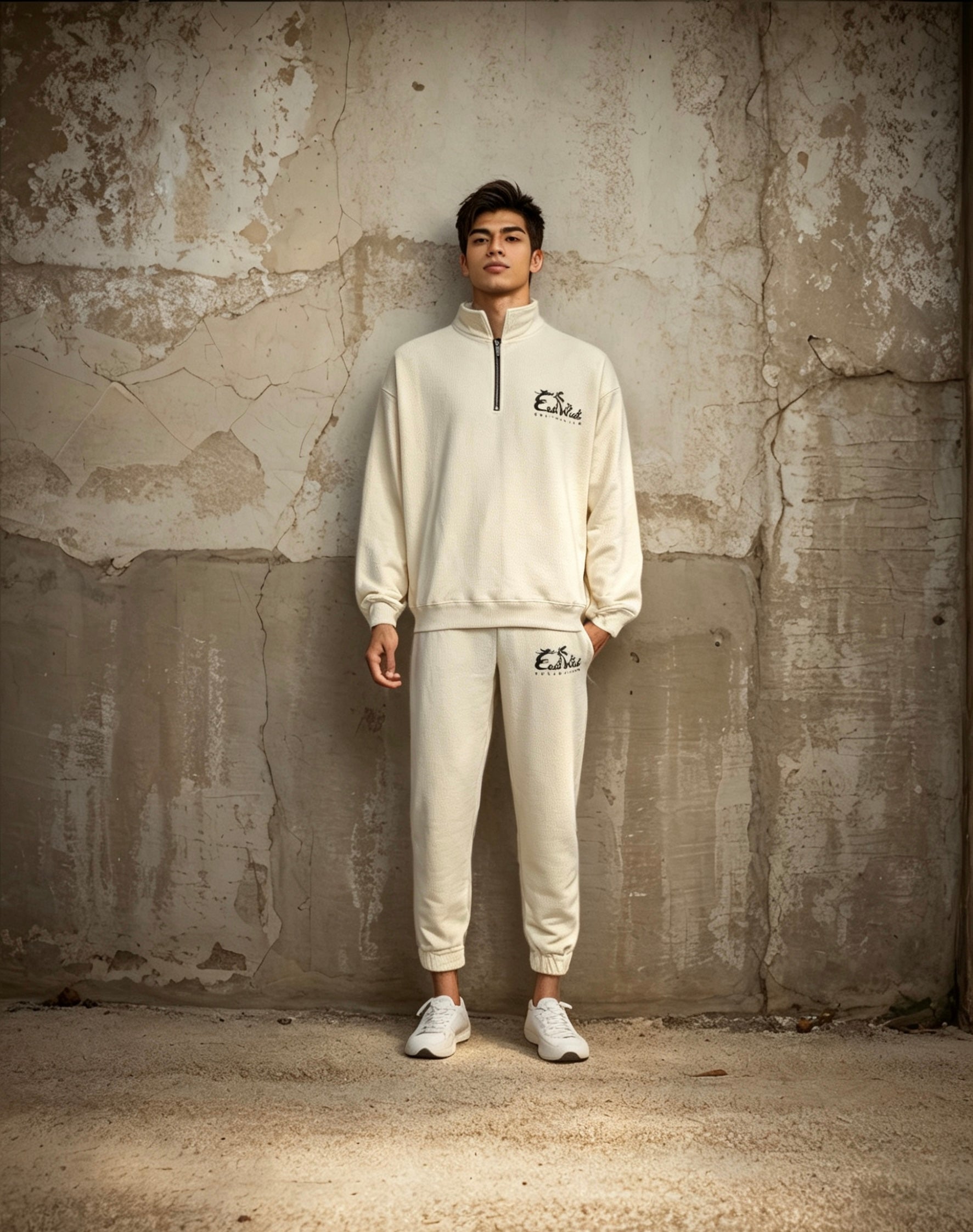 East West Collective premium French terry Cream quarter-zip sweater