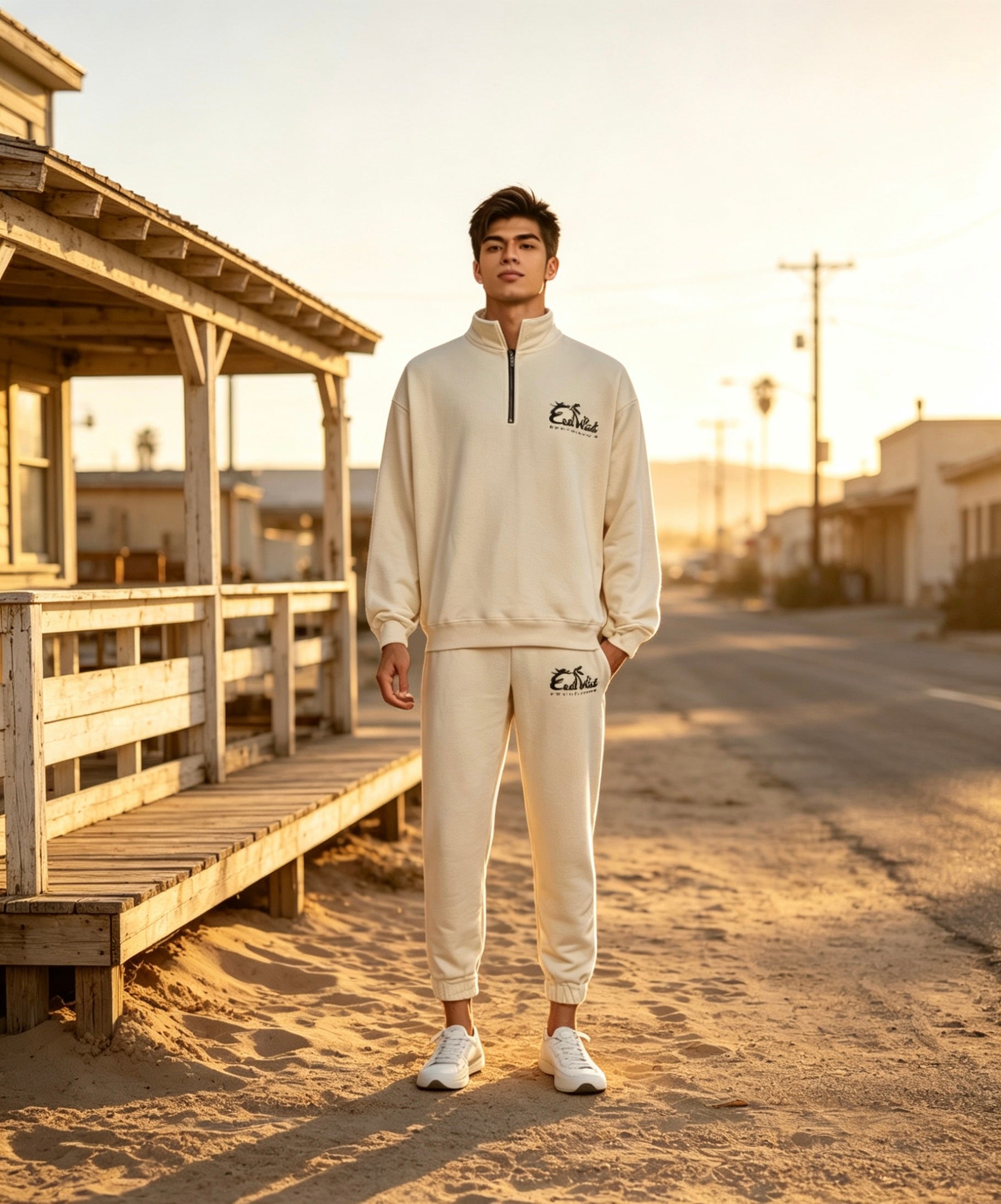 East West Collective premium French terry Cream quarter-zip sweater